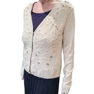 Dorothee Bis Floral Embroidered Beaded Cardigan Womens XL Grannycore Kitschy